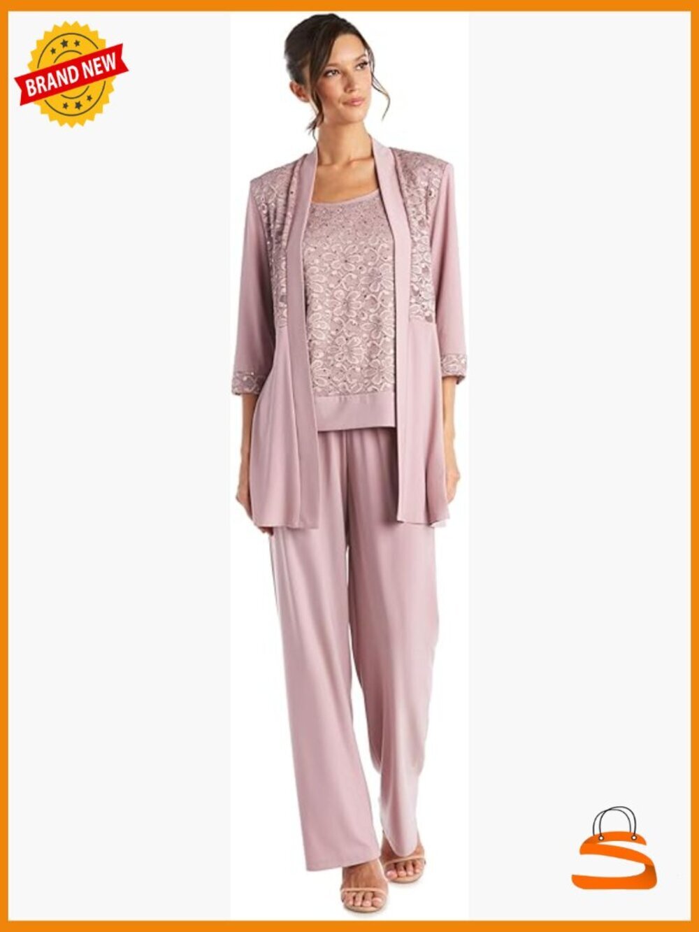 Midnight Eleganza Two Piece Pantsuit Set 3/4 Sleeve Lace Jacket